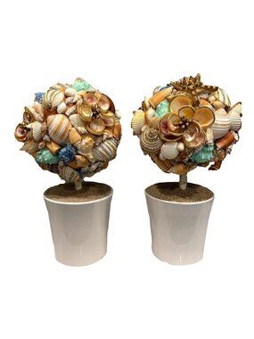 Pair Handmade Seashell Topiary Trees Coastal Decor Palm Beach Chic Centerpiece